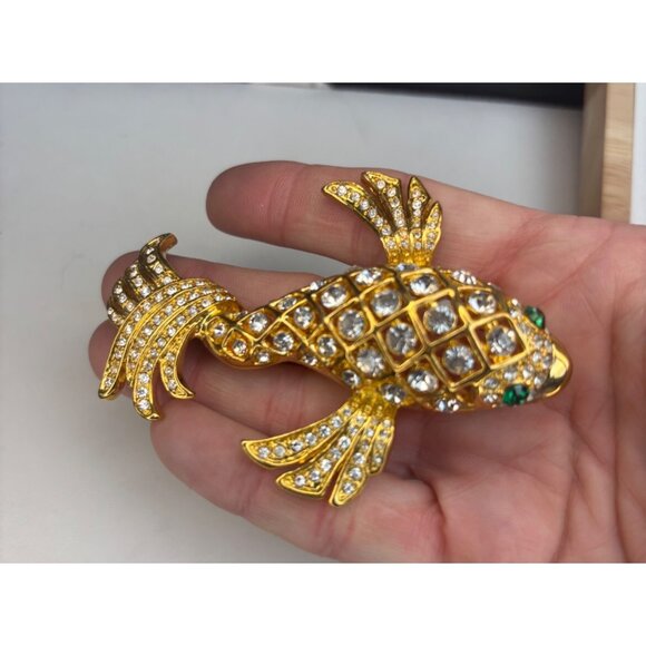 Koi Fish Gold-Tone Rhinestone Fish Brooch Pin With Green Eyes - Picture 1 of 10